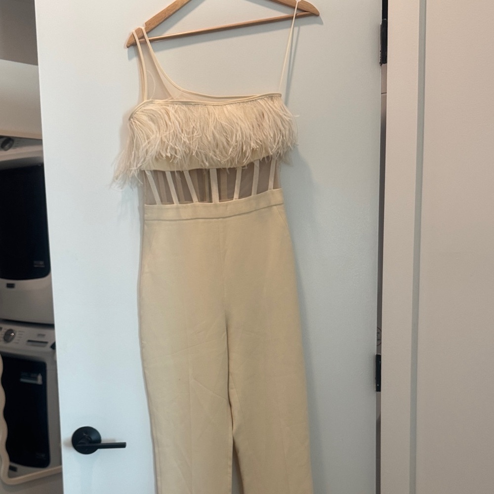 David Koma Cream Feather-Trim Jumpsuit with Sheer Waist